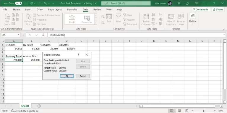 Excel Goal Seek Status