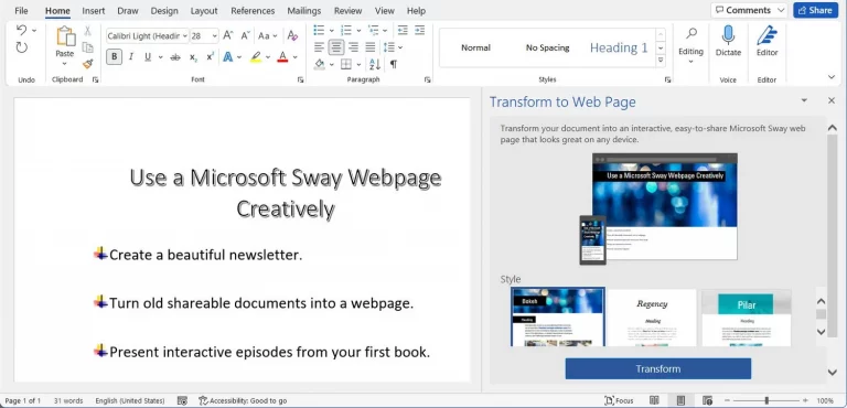 Microsoft Word Transform to Web Page
