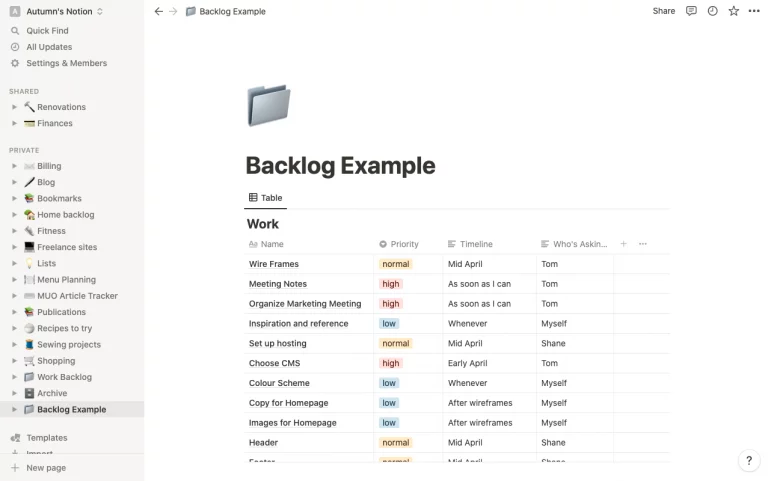 Notion Backlog Example