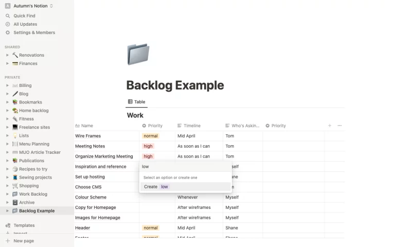 Notion Backlog New Option