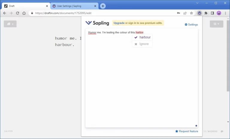 Sapling correcting English dialect mistakes