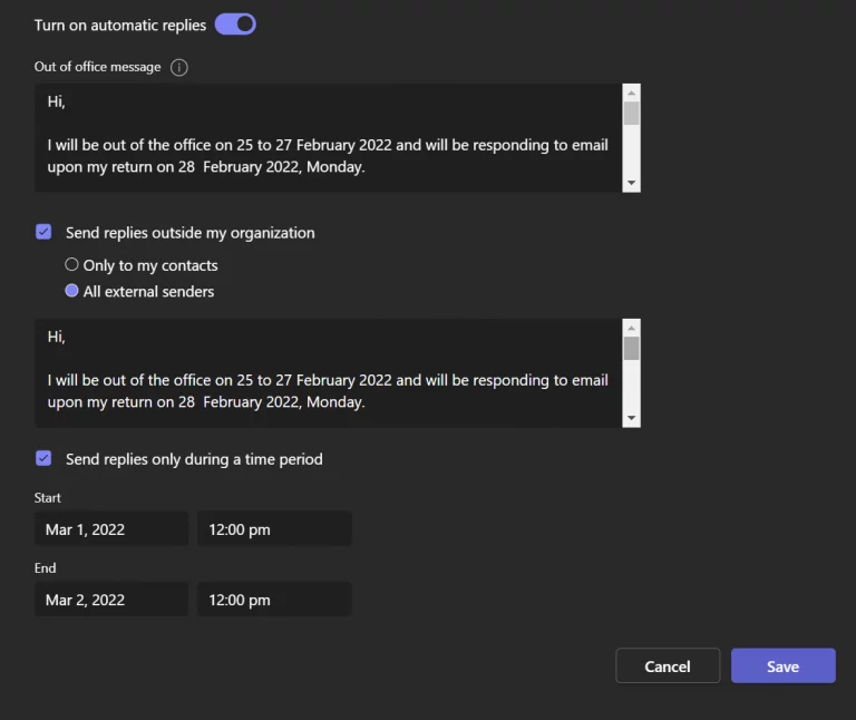 automatic replies time period