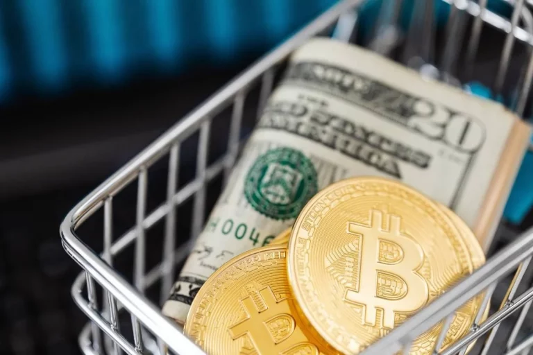 crypto coins and cash inside supermarket cart