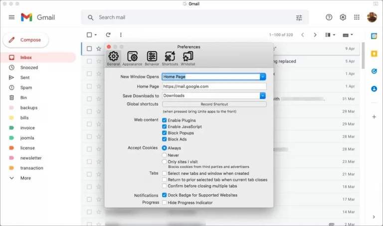 unite app gmail user interface