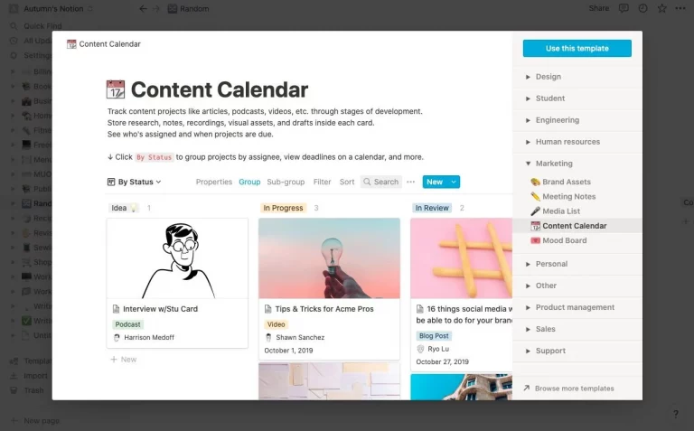 Template menu Notion