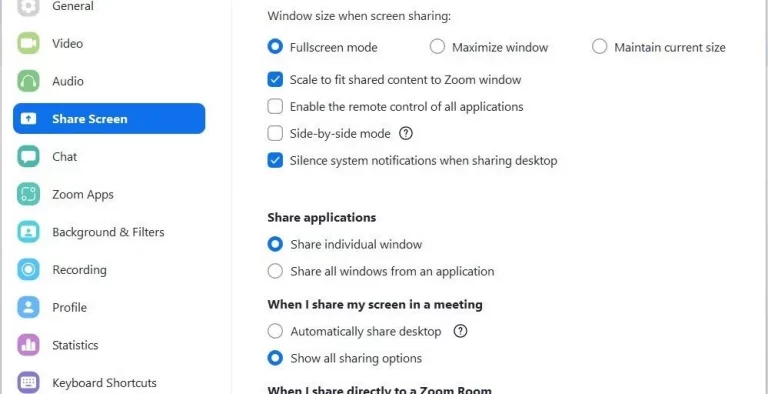 share screen settings on zoom