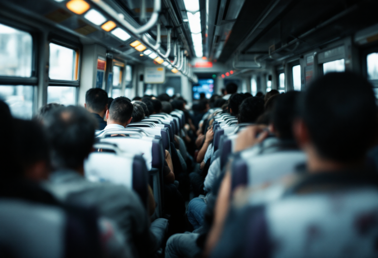 Studente in treno sovraffollato con nuove regole