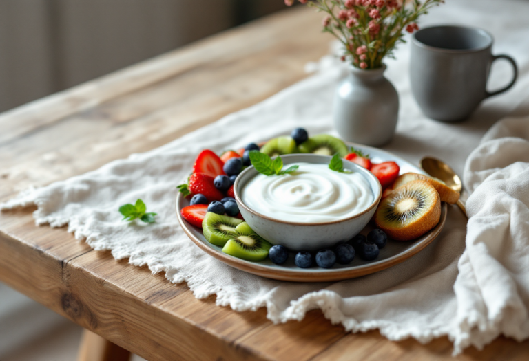 Colazione sana con frutta, cereali e yogurt