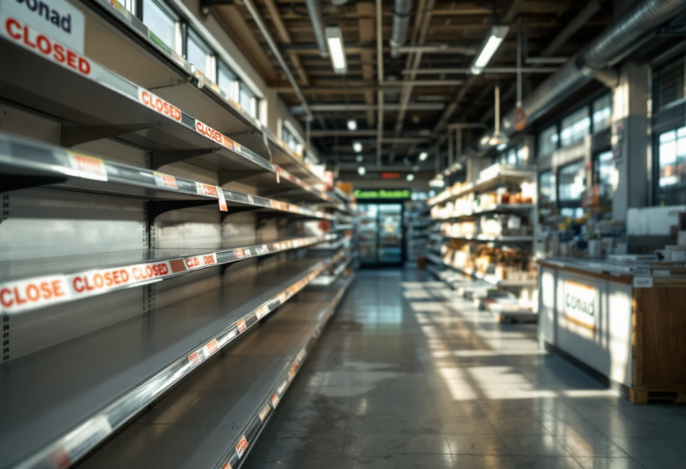 Logo Conad con sfondo di negozio chiuso