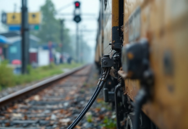 Treno in movimento sotto un cielo tempestoso